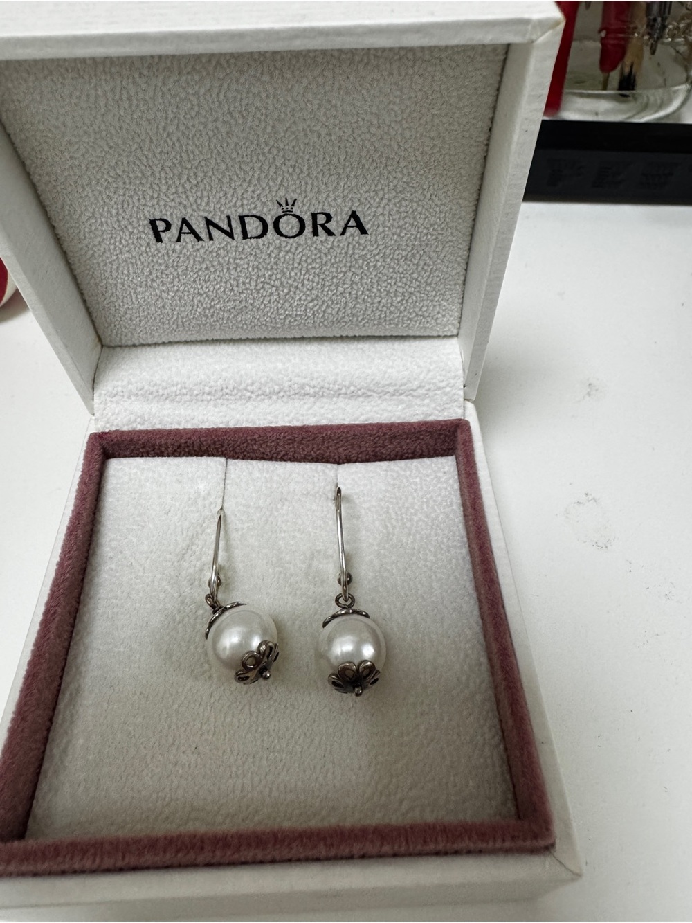 Pandora Silver and White Pearl Drop Earrings
